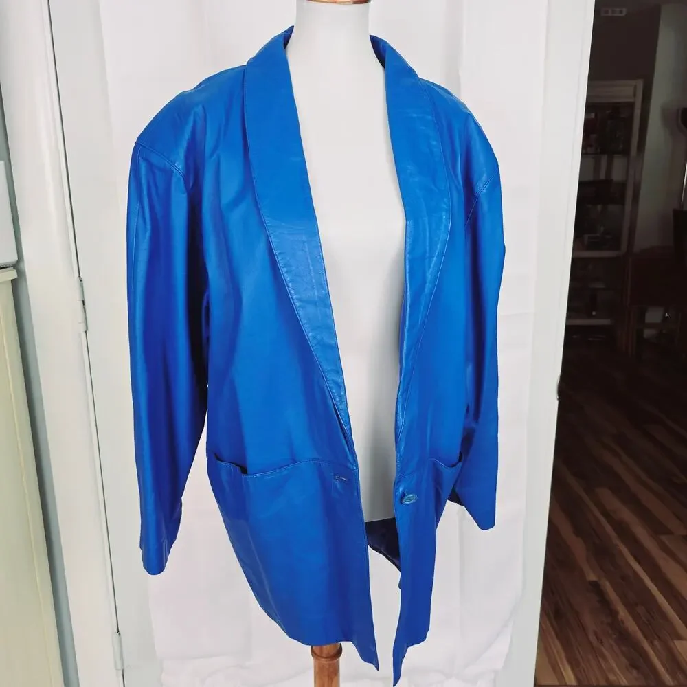 80s Retro Blue Leather Blazer Jacket Vintage Size L - Picture 5 of 16